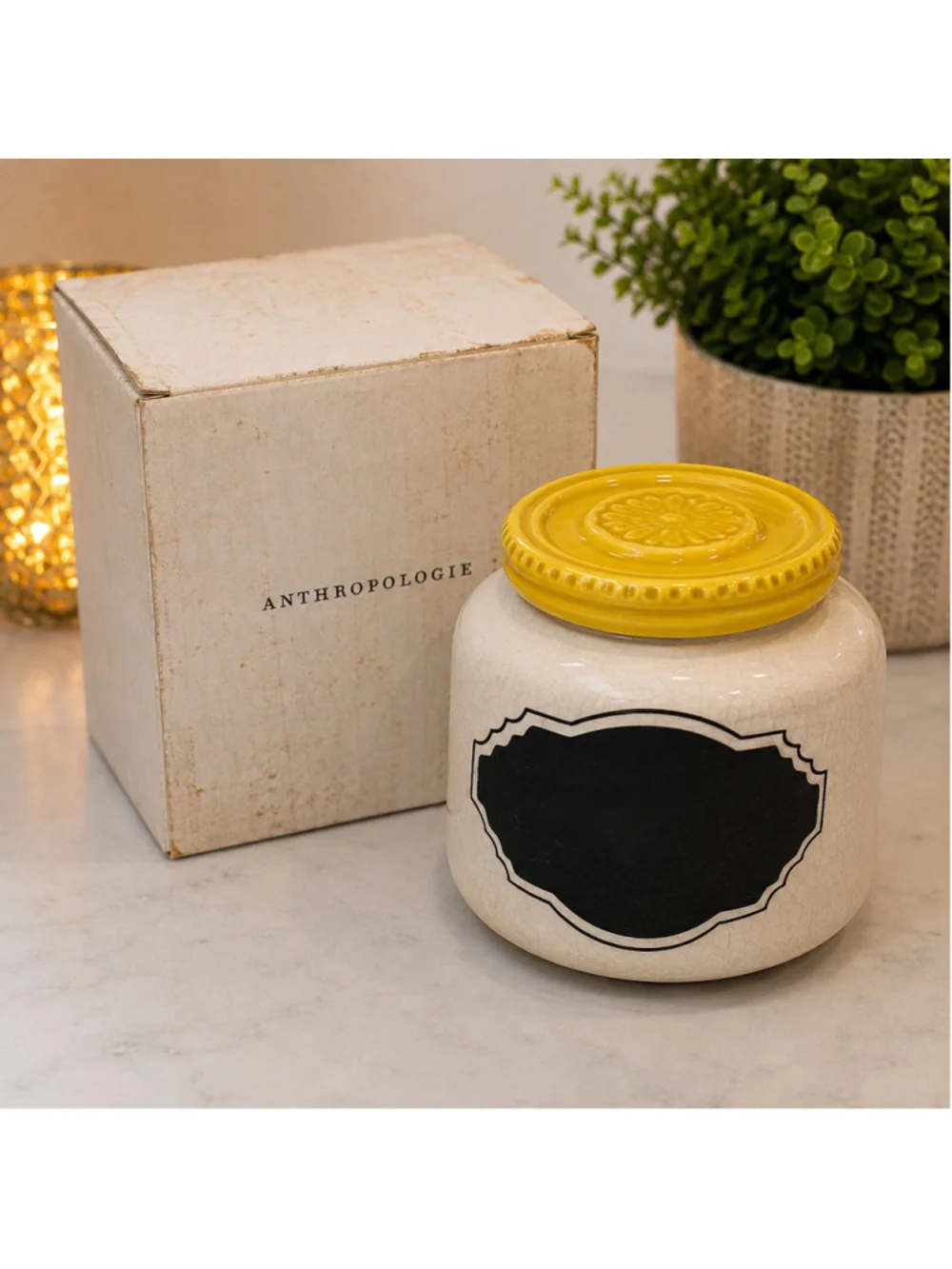 Anthropologie Ceramic Chalkboard Jar Yellow Lid w/ Box